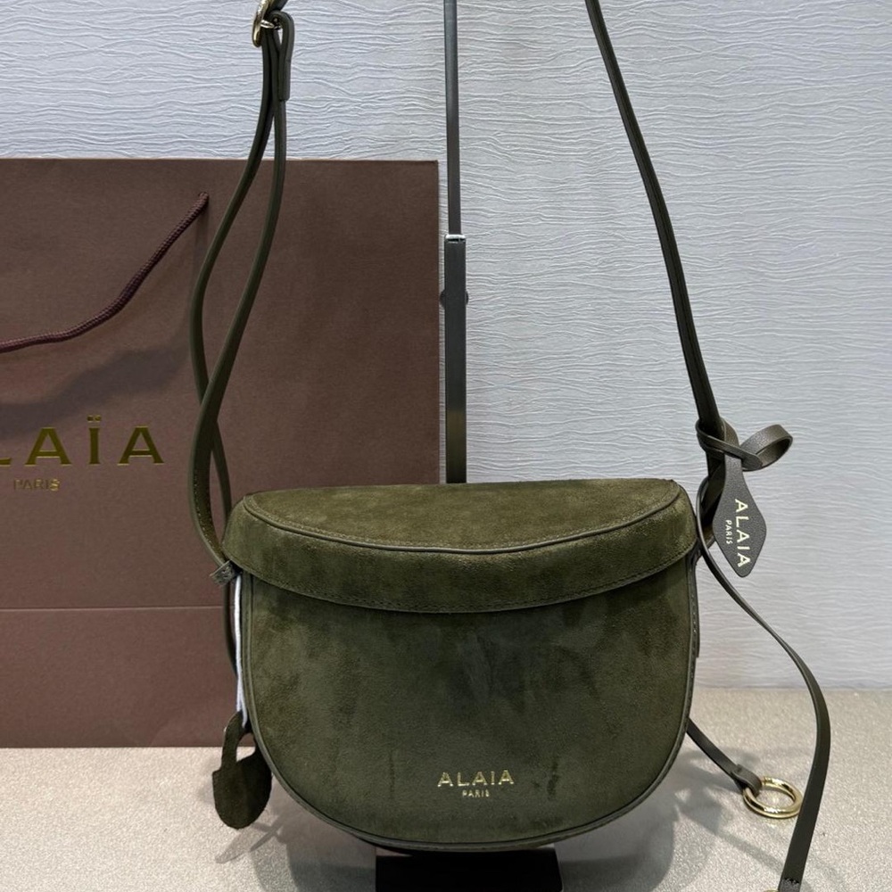 Alaia Olive Suede Saddle Crossbody with Gold Logo